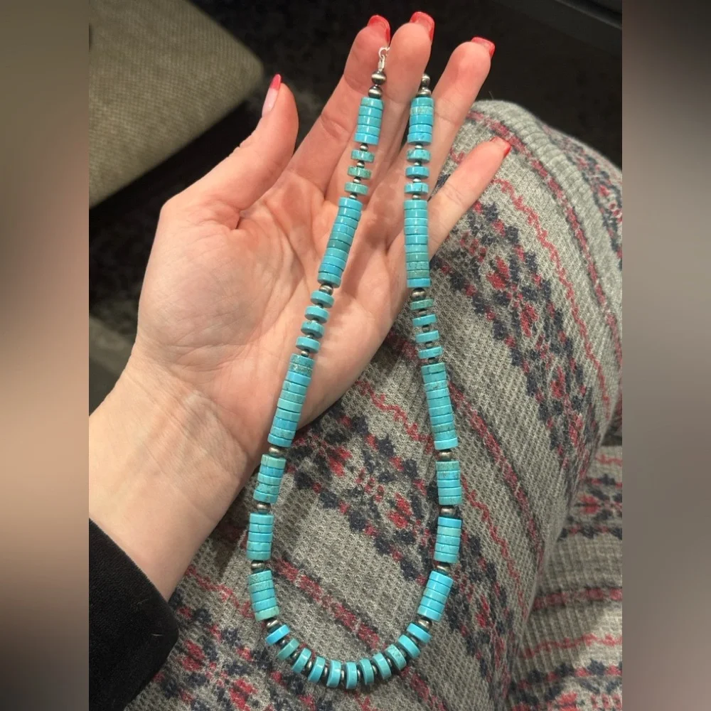 Native American Sterling Silver Navajo Pearl 8mm Turquoise HEISHI Necklace 19” - Picture 1 of 9